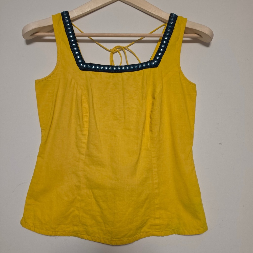 Globus Yellow Cotton Sequin Embroidered Smocked Back Tie Tank Top Size Small
